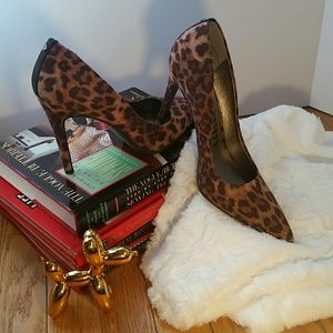 Leopard print faux suede heels